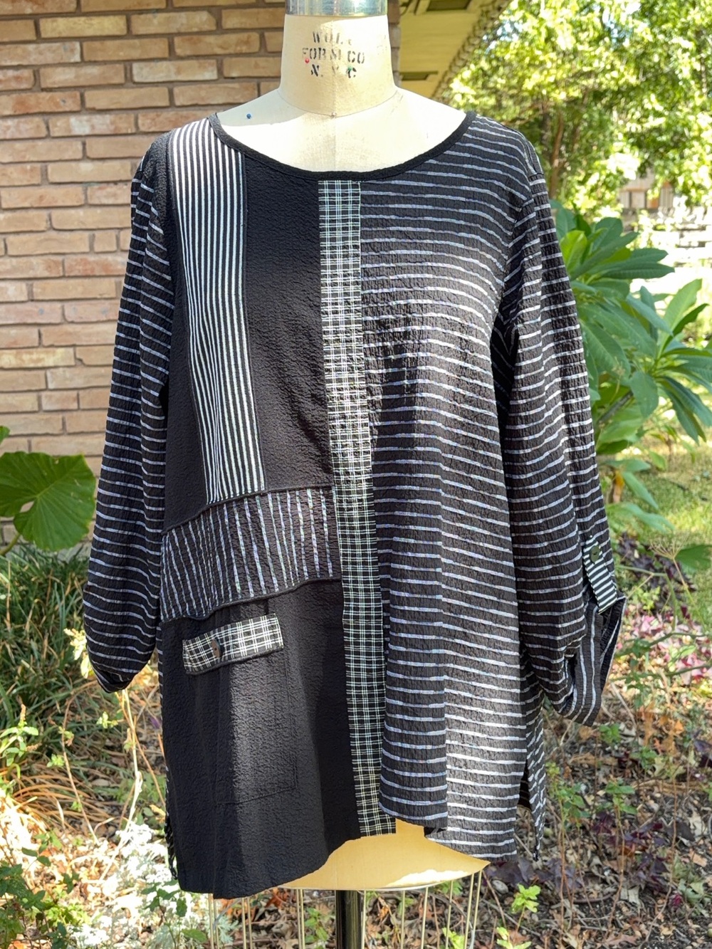 Ali Miles 1X Black White Patchwork Stripe Plaid Textured Art to Wear Tunic Top